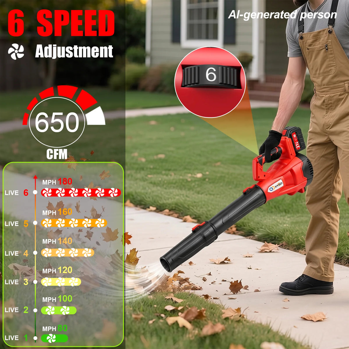 XYSD Cordless Leaf Blower, 650 CFM Electric Jet Blower with 21V 4.5Ah Battery, 6 Speed Modes Portable Leaf Blower for Lawn Care
