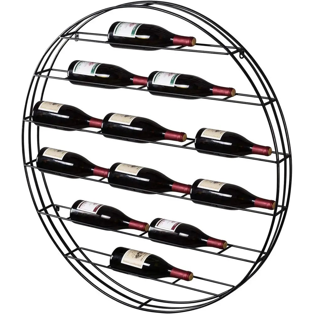 12-Bottle Modern Black Metal Round Wall Mounted Wine Rack – 6-Tier Horizontal Storage Shelf for Kitchen, Living Room & Wine Cell