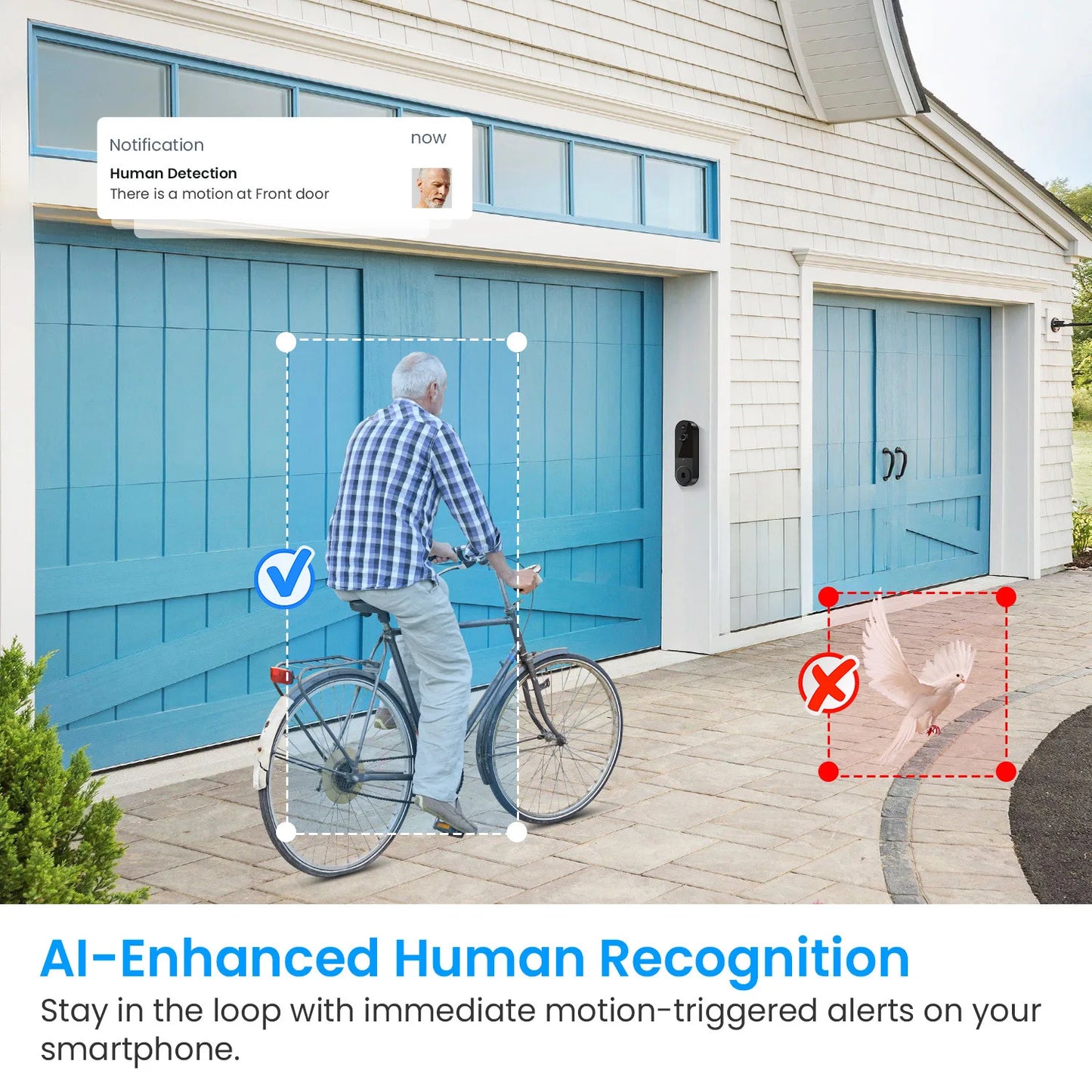 Smart video doorbell with wireless remote video intercom, human detection, HD night vision, and smart home monitoring
