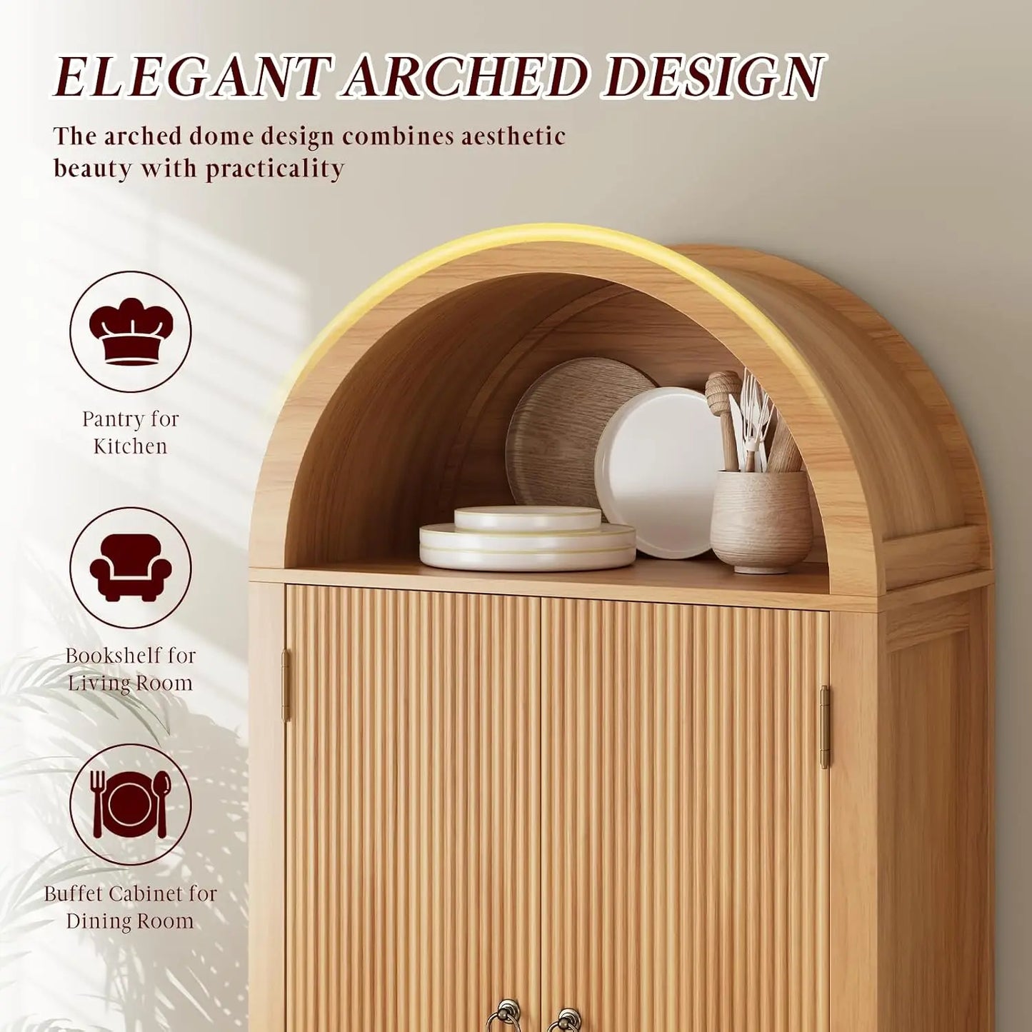 71" Arched Storage Cabinet with Fluted Doors, Tall Wood Pantry with Drawers & Adjustable Shelves, Natural Oak