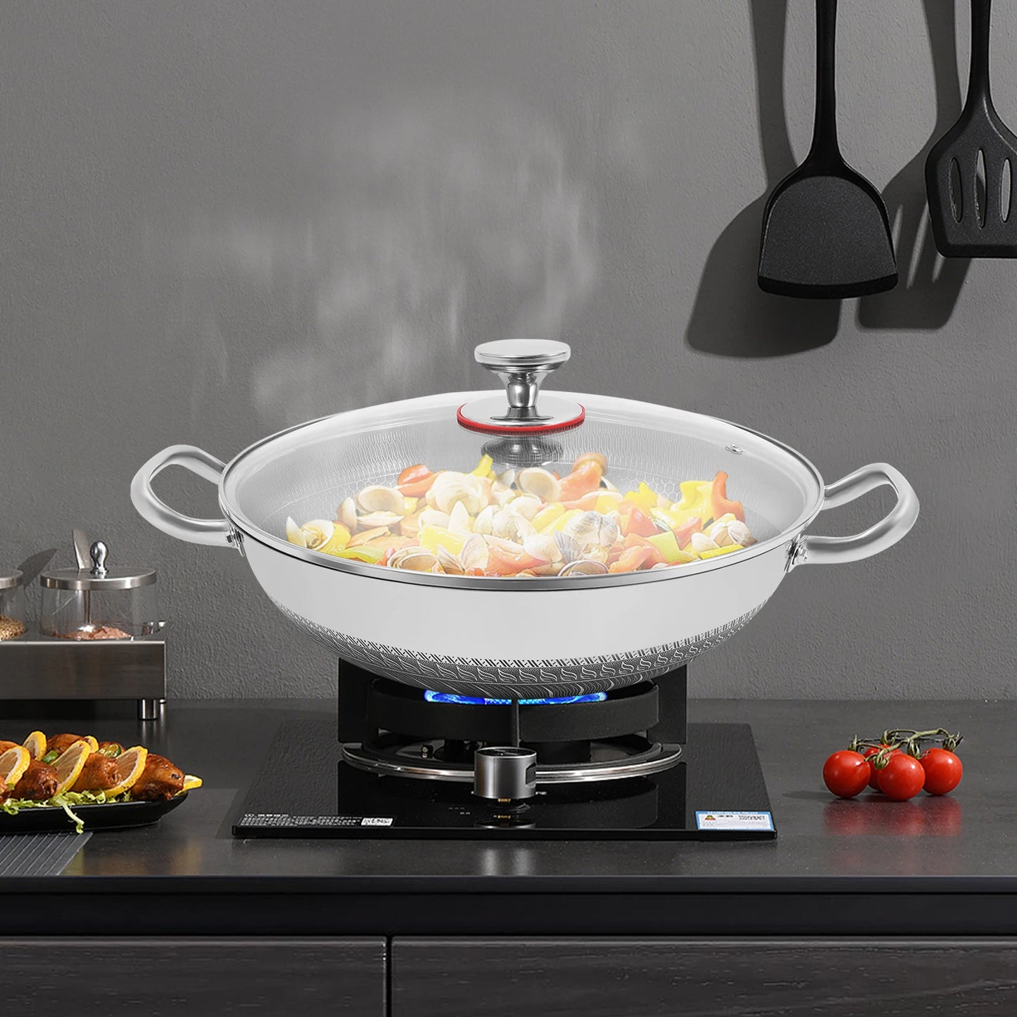 Non-stick Cookware with Lid, Stainless Steel Frying Pan, Modern Cooking Pan for Sauteing, Deep-Frying