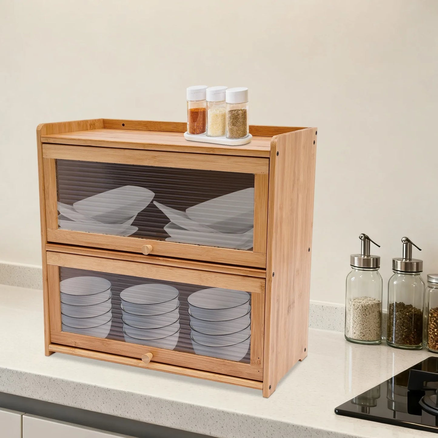 2-Tier Bamboo Storage Cabinet with Acrylic Doors,with Dustproof Design, Each Tier Bearing  About 33.07lbs, for Kitchen, Bathroom, Office