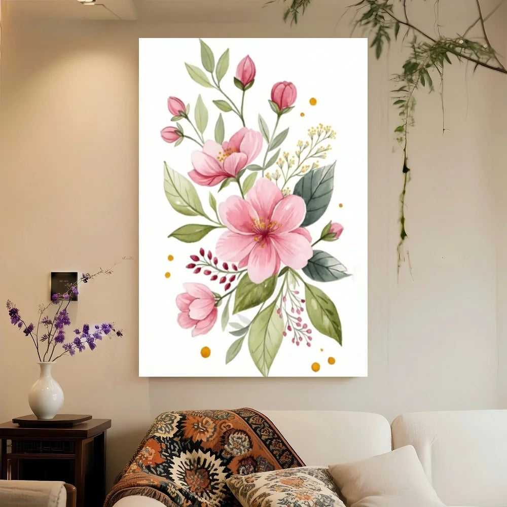 Framed 1pc Pink Plum Blossoms Canvas Wall Art - Animation Art Style Floral Print With Soft Pink & Green Hues, High-Quality Canva