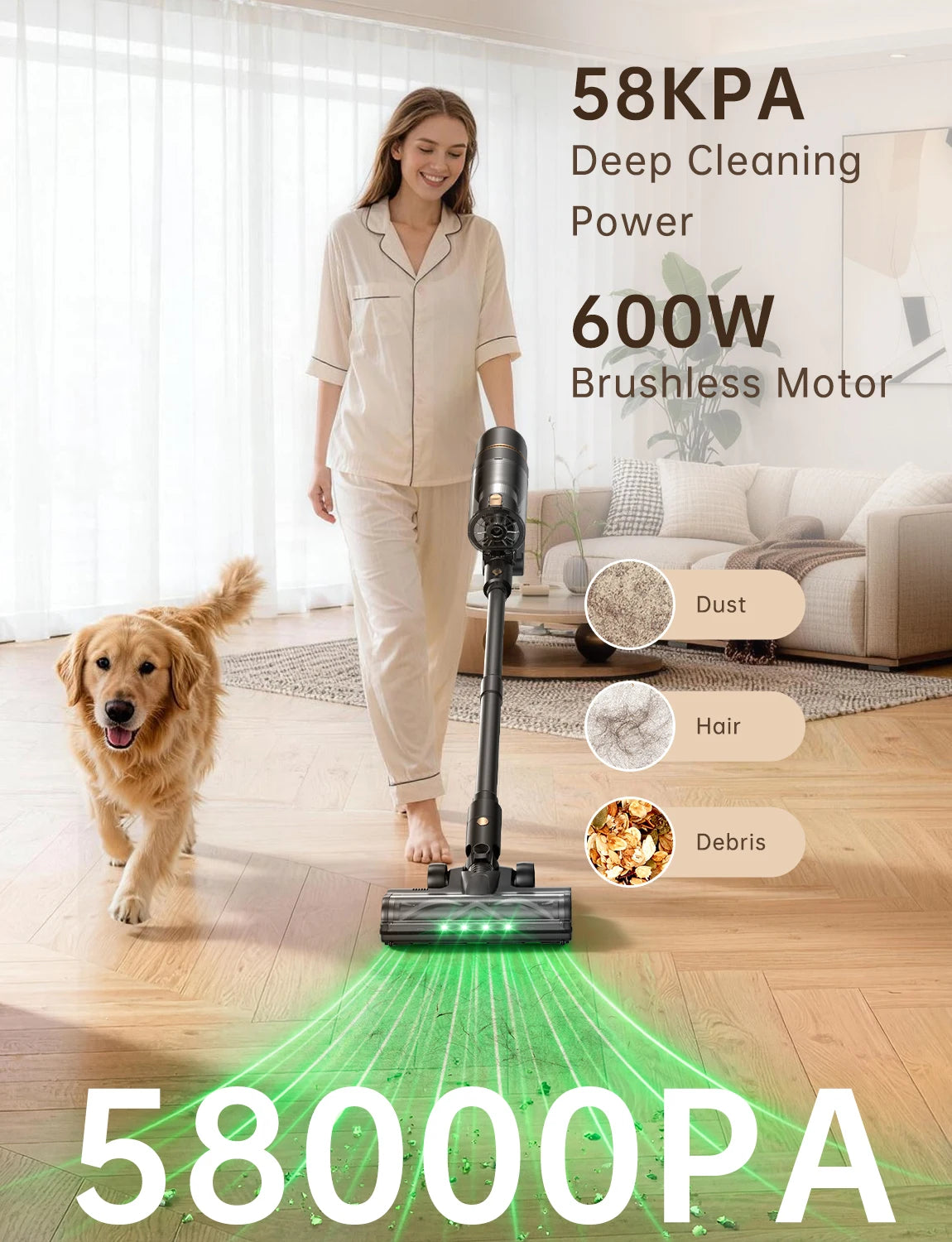 60kPa 600W Cordless Stick Vacuum Cleaner 60mins Runtime Self-Cleaning Roller Self Standing Anti Hair Tangle Wireless Vacuum With Green LED Dust Detection For Home Carpet Pet Hair Cleaning