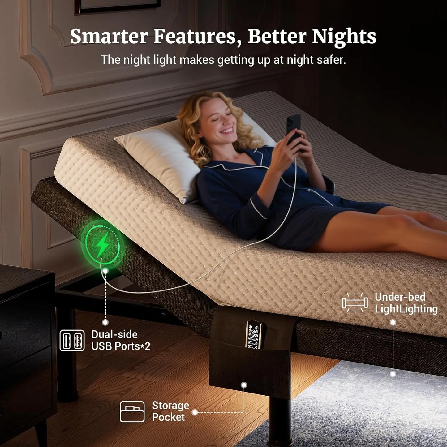 Adjustable Split King Bed Frame With Remote Massage Zero Gravity USB Nightlight Easy Assembly, Customized