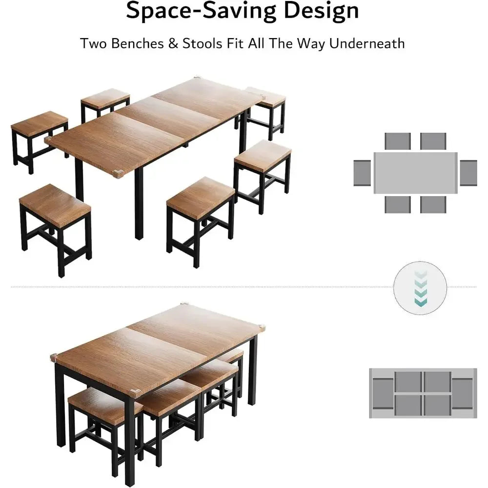 7-Piece Dining Table Set with 6 Stools, 63" Exble Kitchen Table Set or 4-8, ern Dining Room Table with Sturdy Metal e, Space-Sav