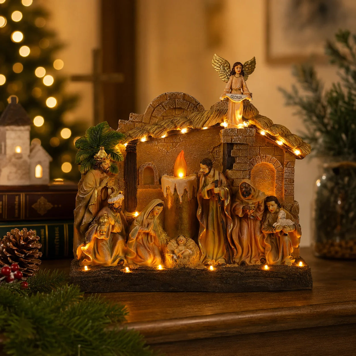 Candle Christ Nativity Desktop Ornament, Rotating Angel, Holy Family, With Religious Music, Window Display Holiday Gift