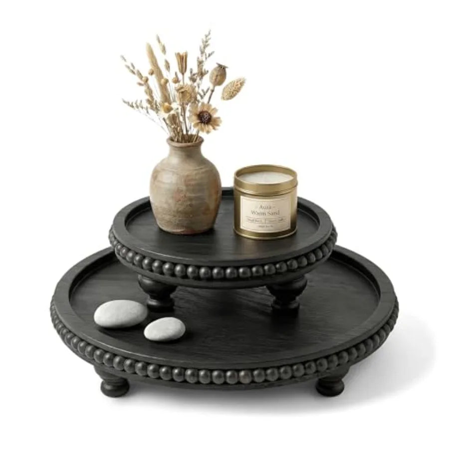 Round Pine Wooden Display Riser Set of 2 for Home Decor - Beaded Pedestal Stand for Bathroom and Coffee Table - Decorative Tray