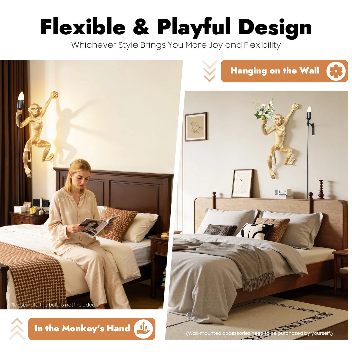 Monkey Shape Wall Lamp 60W E26 Resin Wall Mount Light Fixture with 5.9ft Cord for Bedroom Living Room Decor