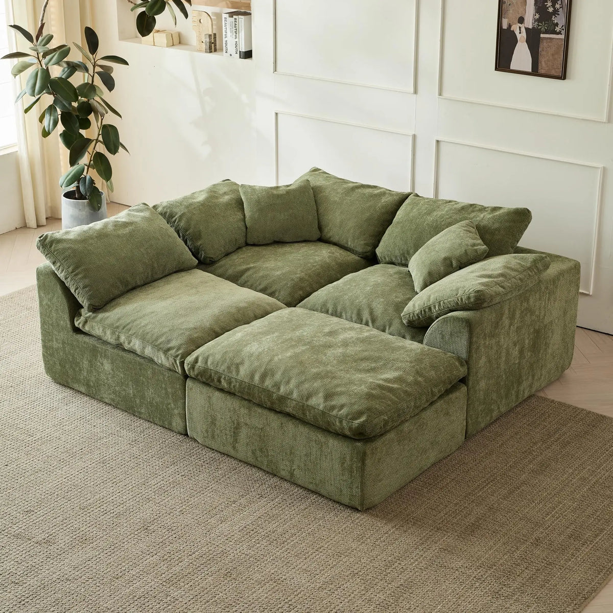 109" Modern Cloud L-Shaped 3-Seater Oversized Deep Seat Chenille Fabric Sofa green Modular Sectional with Ottoman