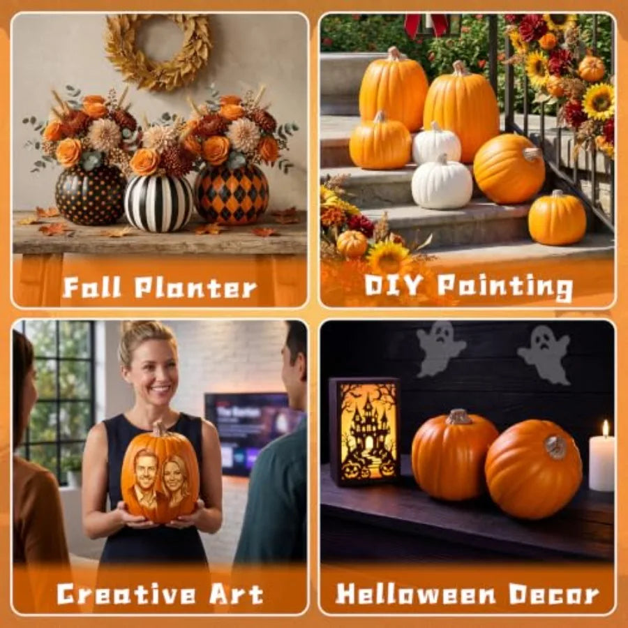 DIY Halloween Thanksgiving home decor: carvable PU artificial pumpkins, 9 large realistic set of 4, orange, lightweight and reu