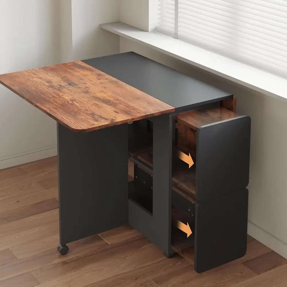 Space-Saving 4-Piece Dining Set with Drop Leaf Table and Chairs, Storage and Wheels, Rustic Brown & Black Kitchen Dining