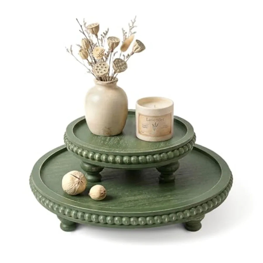 Round Pine Wooden Display Riser Set of 2 for Home Decor - Beaded Pedestal Stand for Bathroom and Coffee Table - Decorative Tray