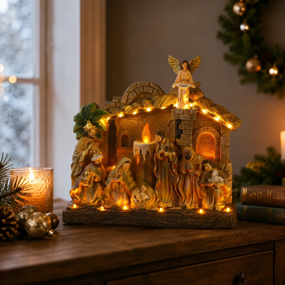 Candle Christ Nativity Desktop Ornament, Rotating Angel, Holy Family, With Religious Music, Window Display Holiday Gift
