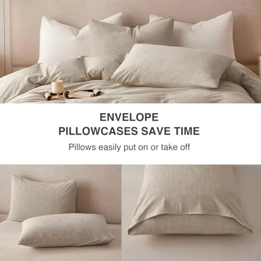 Linen Duvet Cover Size - Soft Breathable Cotton Linen Blend 3-Pieces Bedding Set with 2 Pillowcases Stonewashed Texture All-Sea