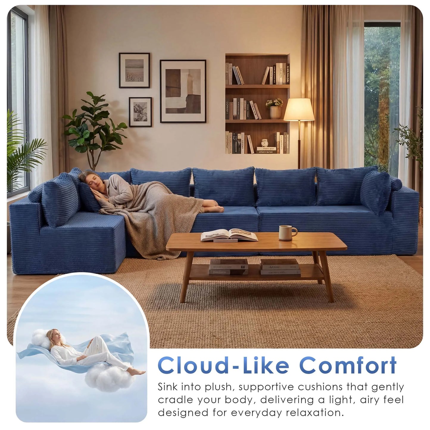 Redlife 107" Boneless Couch with Ottoman, 6 Seat Modular Sectional Sofa,Blue Corduroy Upholstery,28" Deep Seat,Removable Covers