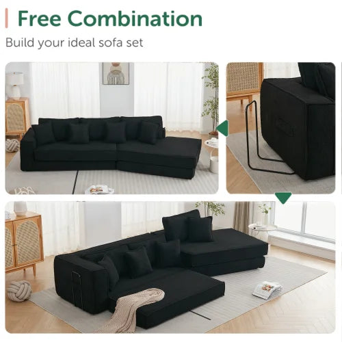 Combination convertible black sofa, 3-seater, foldable convertible sleeper sofa bed, 2-in-1, lamb wool fabric