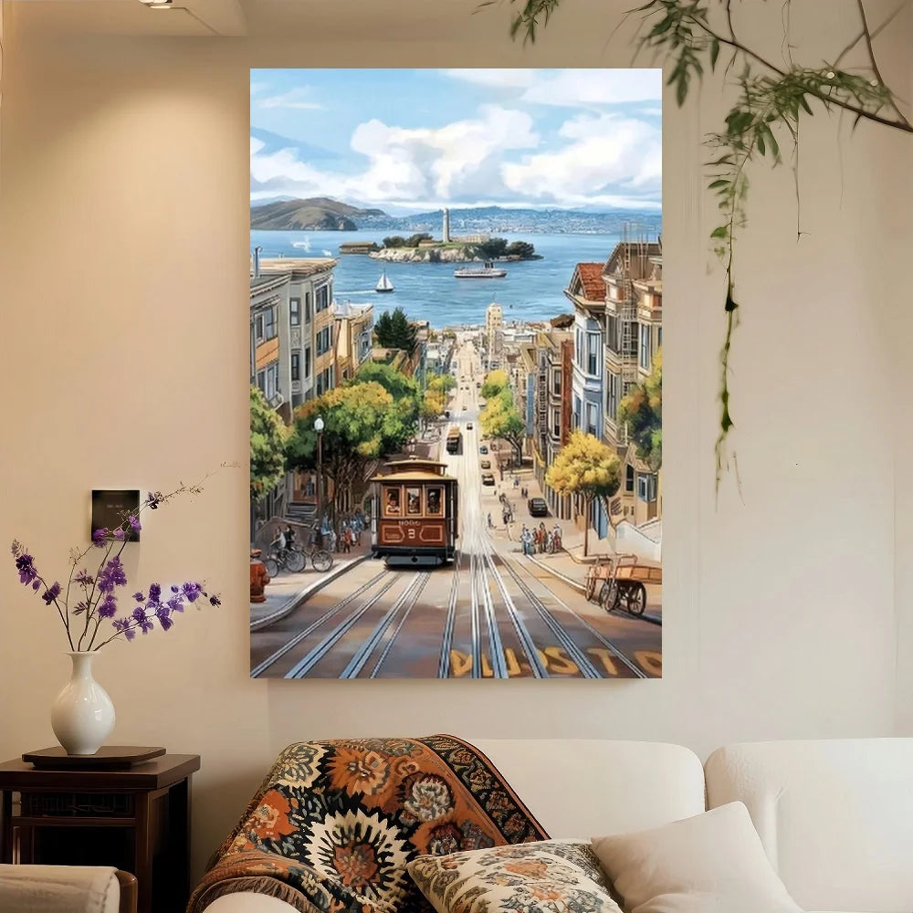 Framed 2D Flat 1pc San Francisco Cable Car Canvas - Modern Minimalist Poster With En Gate Bridge & Cable Cars, Wrapped Canvas Fr