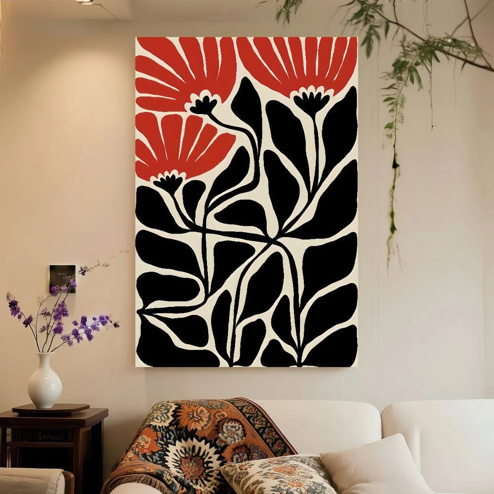 1pc Vibrant Boho Wall Art Print – Modern Canvas Decor With Wooden Frame, Black & Orange Floral Design, Perfect For Home Office O