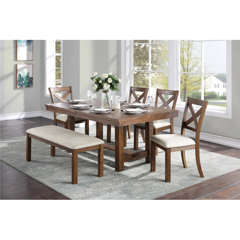 6 sets of brown tableware, rectangular tables and chairs, beige, soft cushions, kitchen dining table furniture