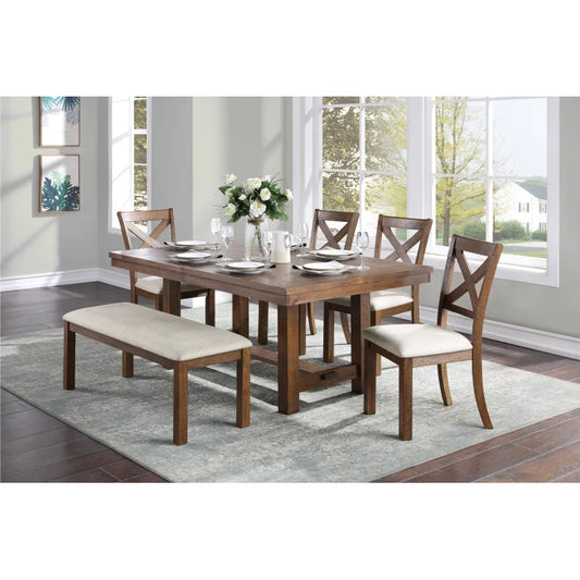 6 sets of brown tableware, rectangular tables and chairs, beige, soft cushions, kitchen dining table furniture