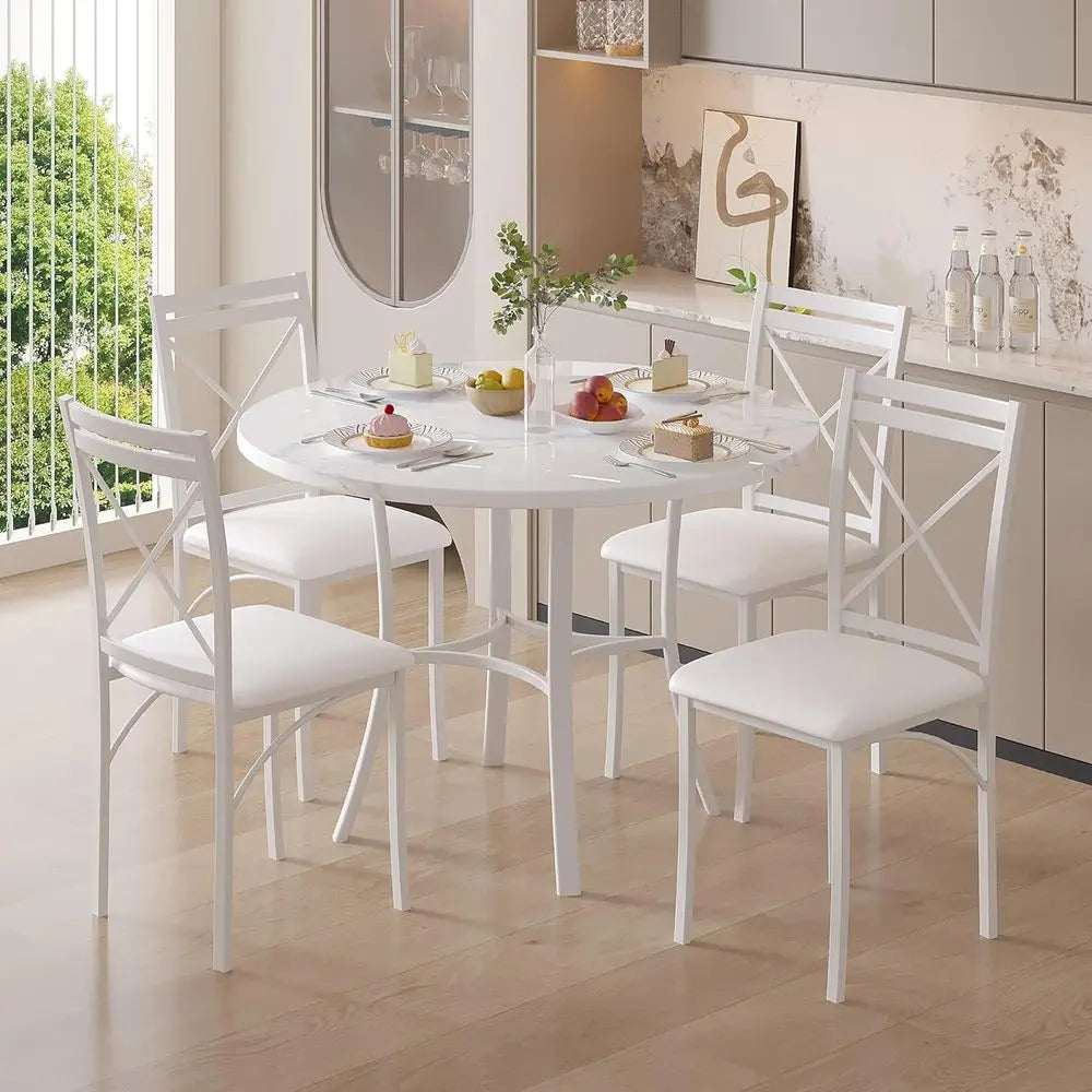 36" Round Dining Table or 4, aux Marble Dinette with Metal e or Kitchen, Aparent, Home, Space-Saving, O White