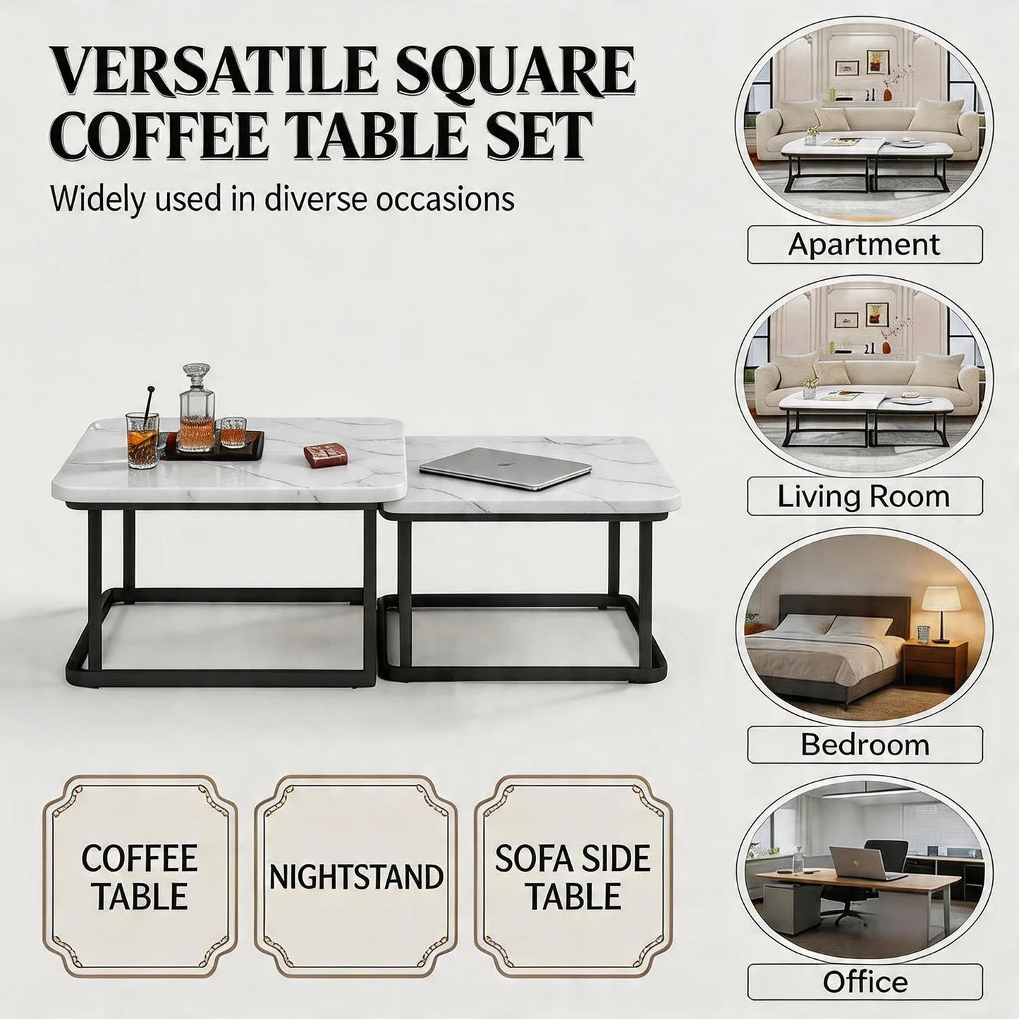 Square Nesting Coffee Tables Set Of 2, Space Saving Small End Table Set For Living Room Bedroom Balcony, Fluted Side Tables Set