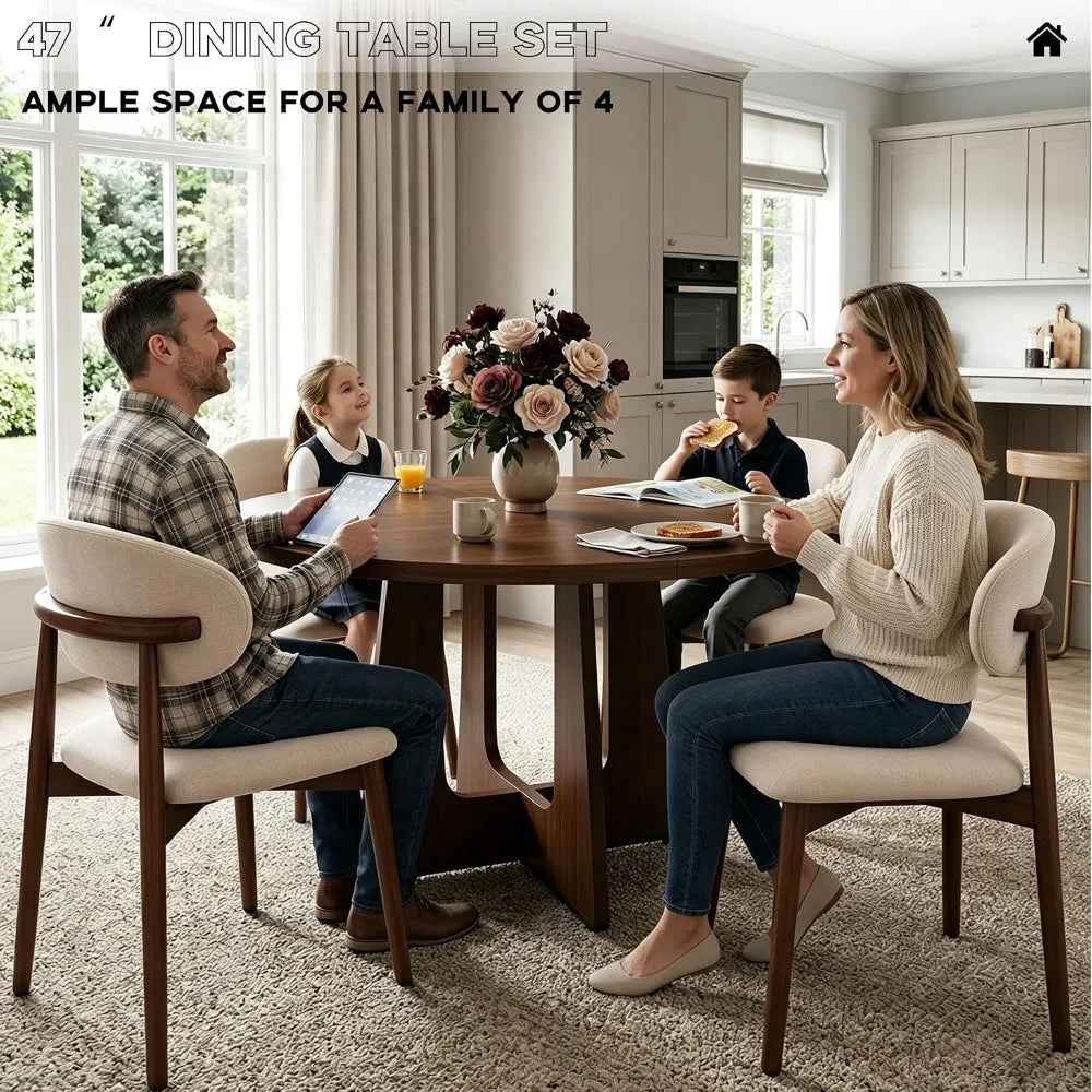 47" Round Dining Table Set for 4, 5 Pc Space Saving Kitchen Table & Chairs, Walnut Wood, Easy Clean