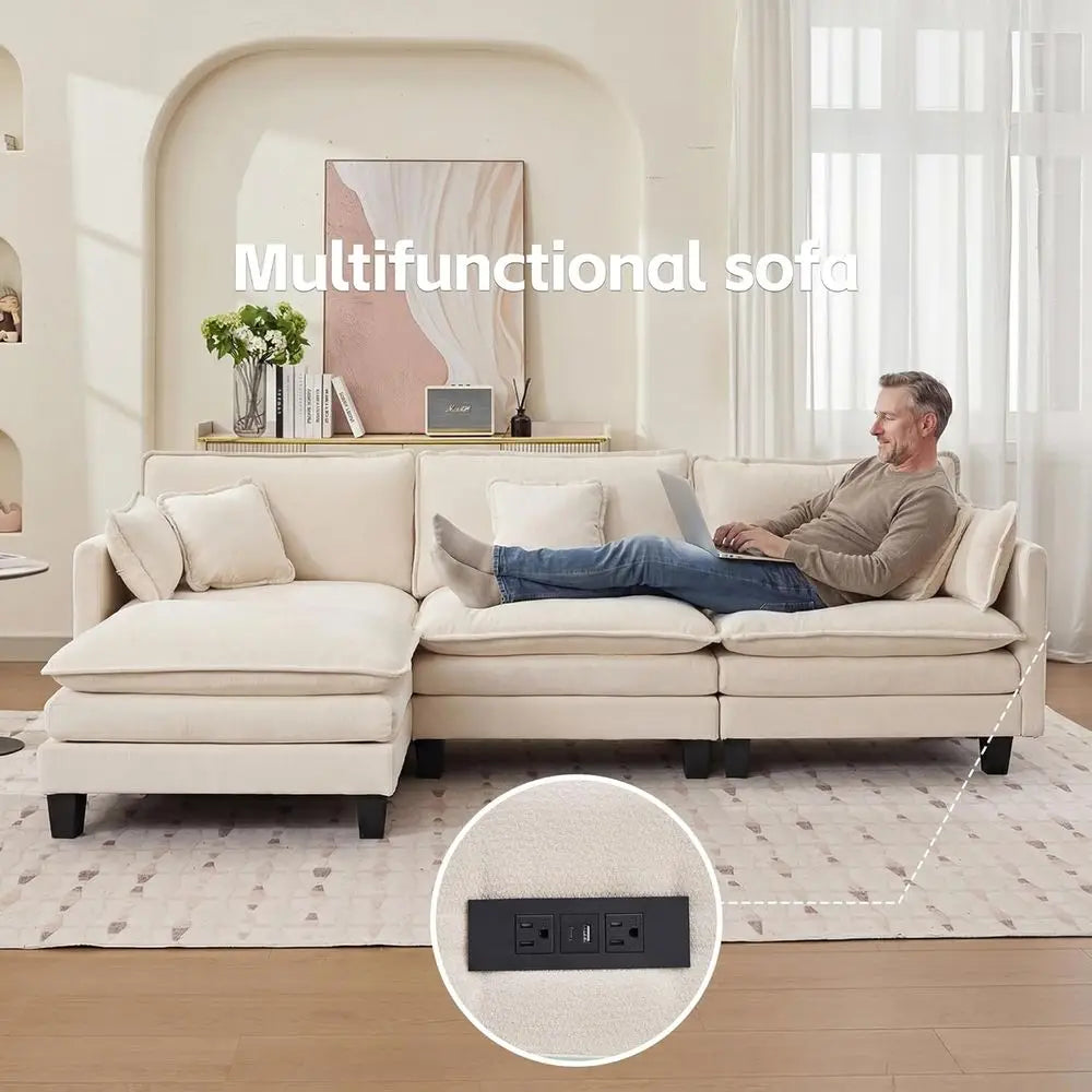 110 L-Shaped Sofa Set with Ottoman, 4-Seat Comfortable Living Room Couch, Deep Seating, Beige Chenille Fabric