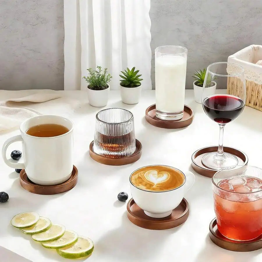 Wood Cork Absorbent Drink Coasters With Holder, Acacia Wood Rustic Farmhouse Coaster Set Of 6 For Coffee Table, Dining Table,