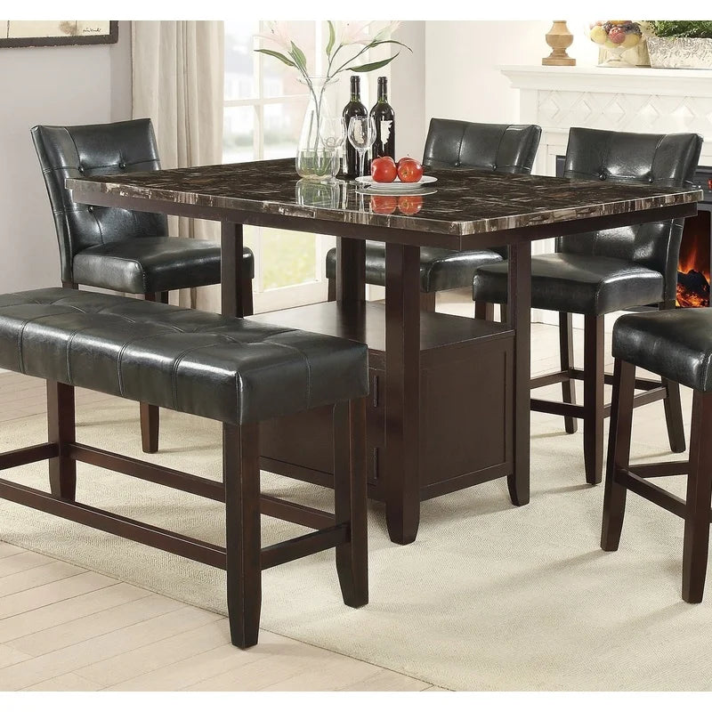 6pc Counter Height Dining Set with Storage Table, 4 High Chairs, 1 Bench, Black Faux Leather Tufted Seats, Faux Marble Top
