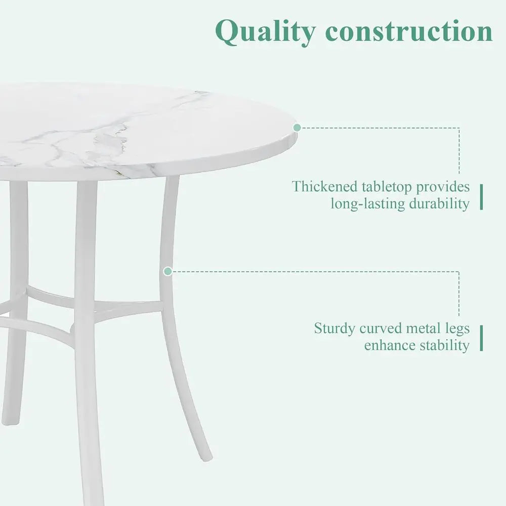 36" Round Dining Table or 4, aux Marble Dinette with Metal e or Kitchen, Aparent, Home, Space-Saving, O White