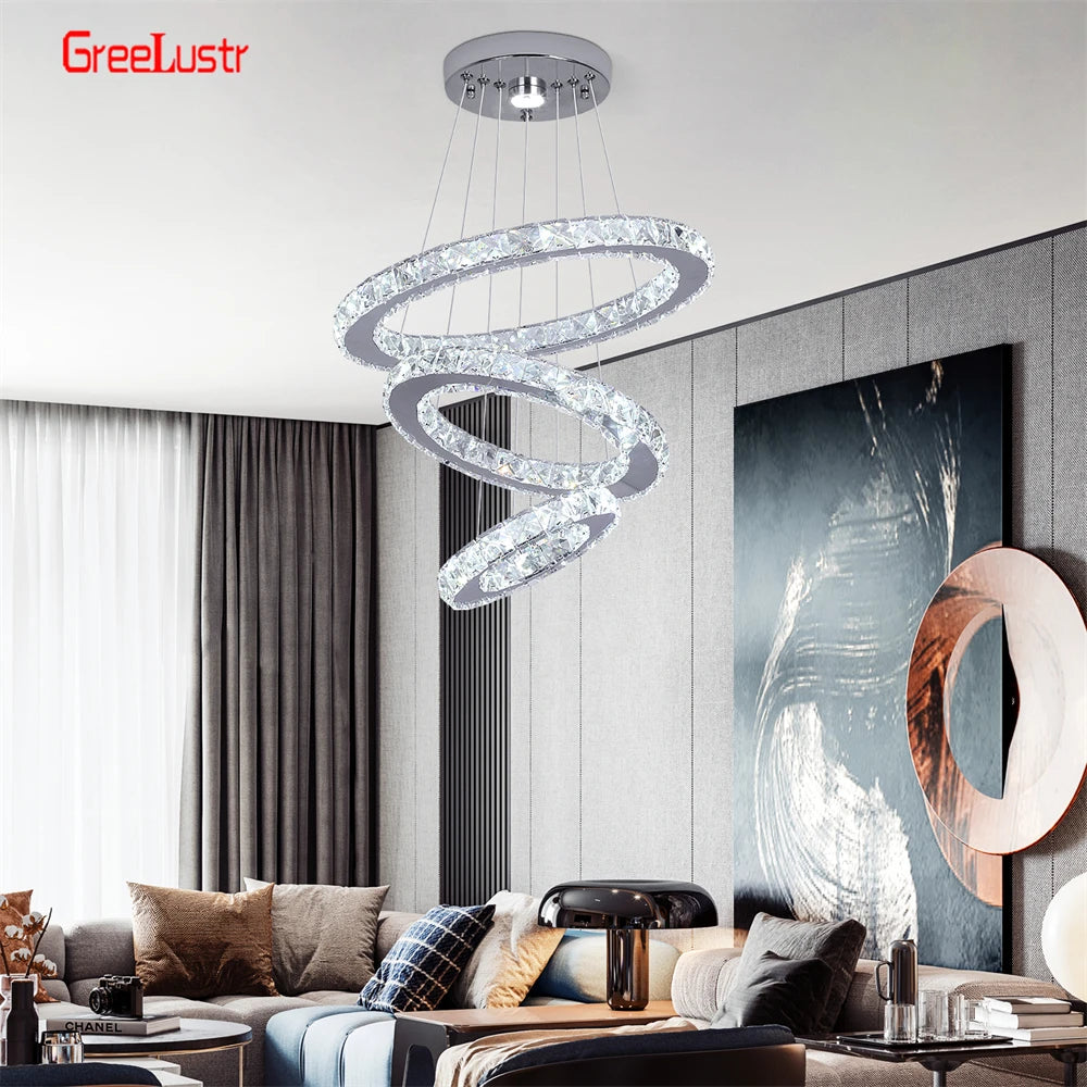 Modern Crystal Chrome Led Pendant Light Fixture Rings Adjustable Chandelier Dimming Lamp  for Living Room Bedroom Hanging Lustre