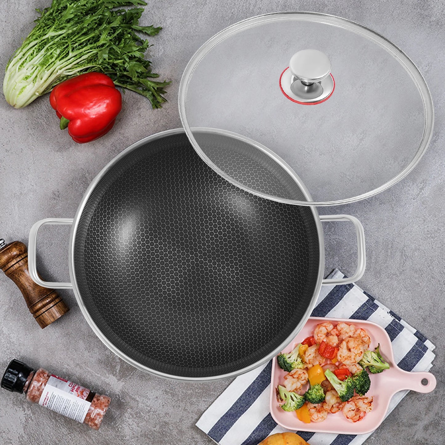 Non-stick Cookware with Lid, Stainless Steel Frying Pan, Modern Cooking Pan for Sauteing, Deep-Frying