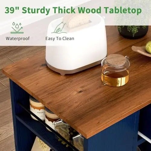 39" Rolling Kitchen Island with Storage and Drawer, Farmhouse Kitchen Island on Wheels with 3-Tier Spice Rack