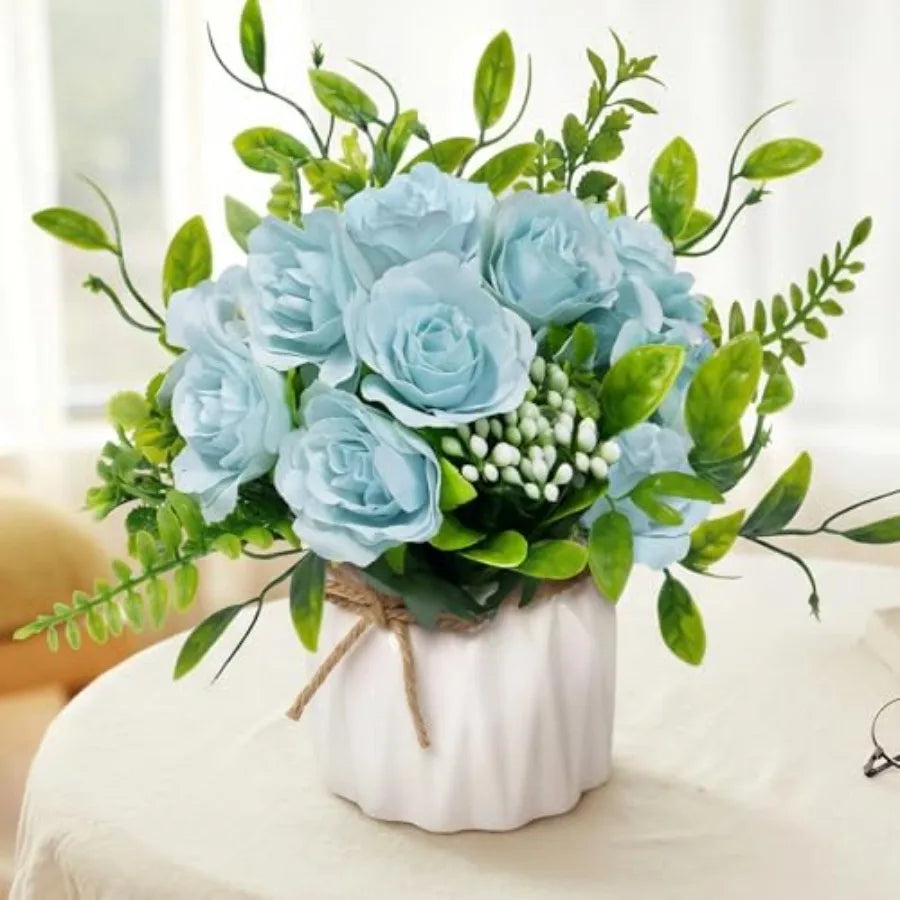 Faux Flowers with Vase, Artificial Silk Rose in Vase Silk Rose Artificial Flowers with Vase for Coffee Table Decor, Living Room
