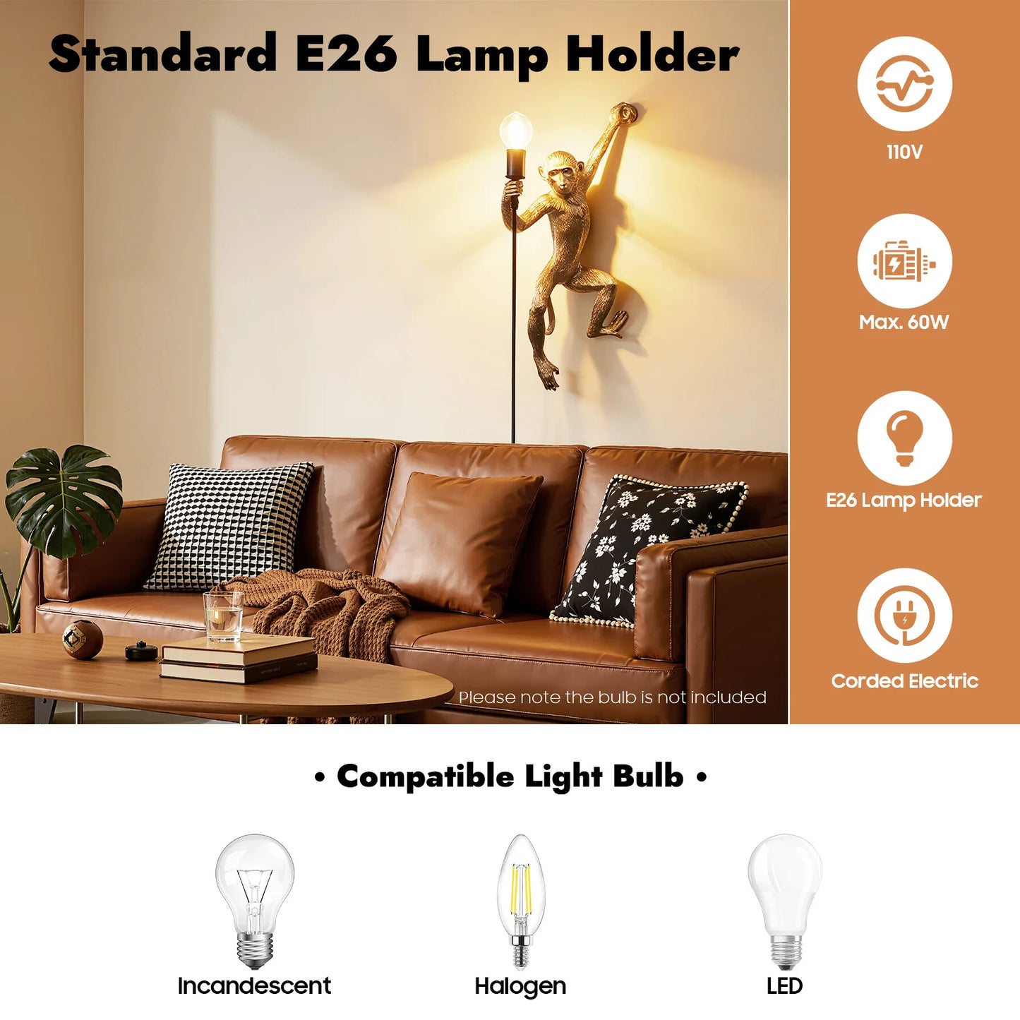 Monkey Shape Wall Lamp 60W E26 Resin Wall Mount Light Fixture with 5.9ft Cord for Bedroom Living Room Decor