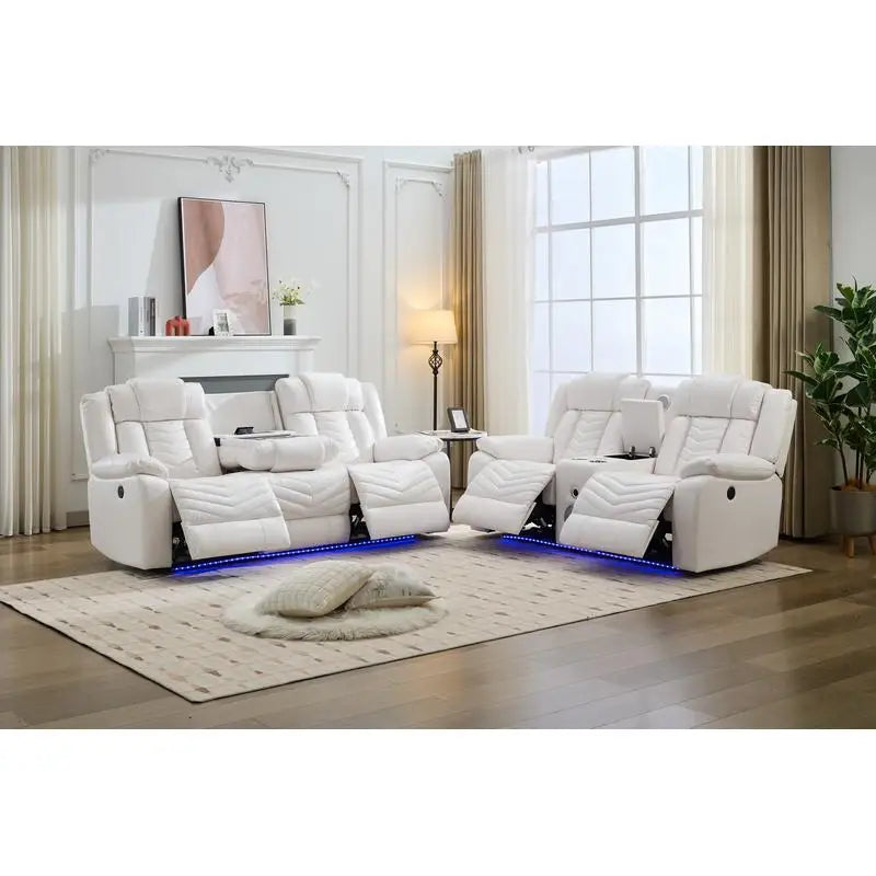 2-Piece Power Reclining Sofa Set, Tech Leather Power Reclining Loveseat with Wireless Charger and LED Strip for Living Room,