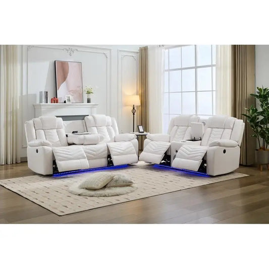 2-Piece Power Reclining Sofa Set, Tech Leather Power Reclining Loveseat with Wireless Charger and LED Strip for Living Room,