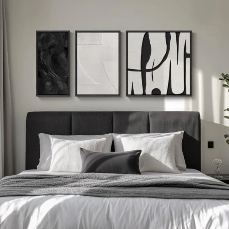 Living room wall decor: black and white abstract canvas prints, 3-piece set, modern minimalist style, cotton canvas material, n