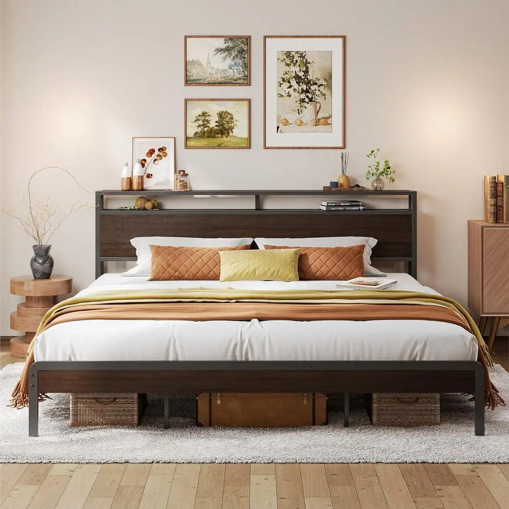 LIKIMIO Full/ King / Queen Bed Frame with Headboard, Dark Wood Camas King with Strong Supports, Noise-Free, No Box Spring Needed