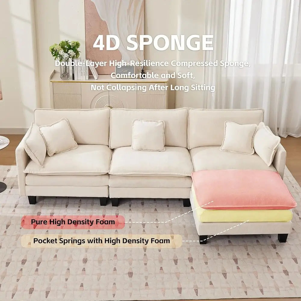 110 L-Shaped Sofa Set with Ottoman, 4-Seat Comfortable Living Room Couch, Deep Seating, Beige Chenille Fabric