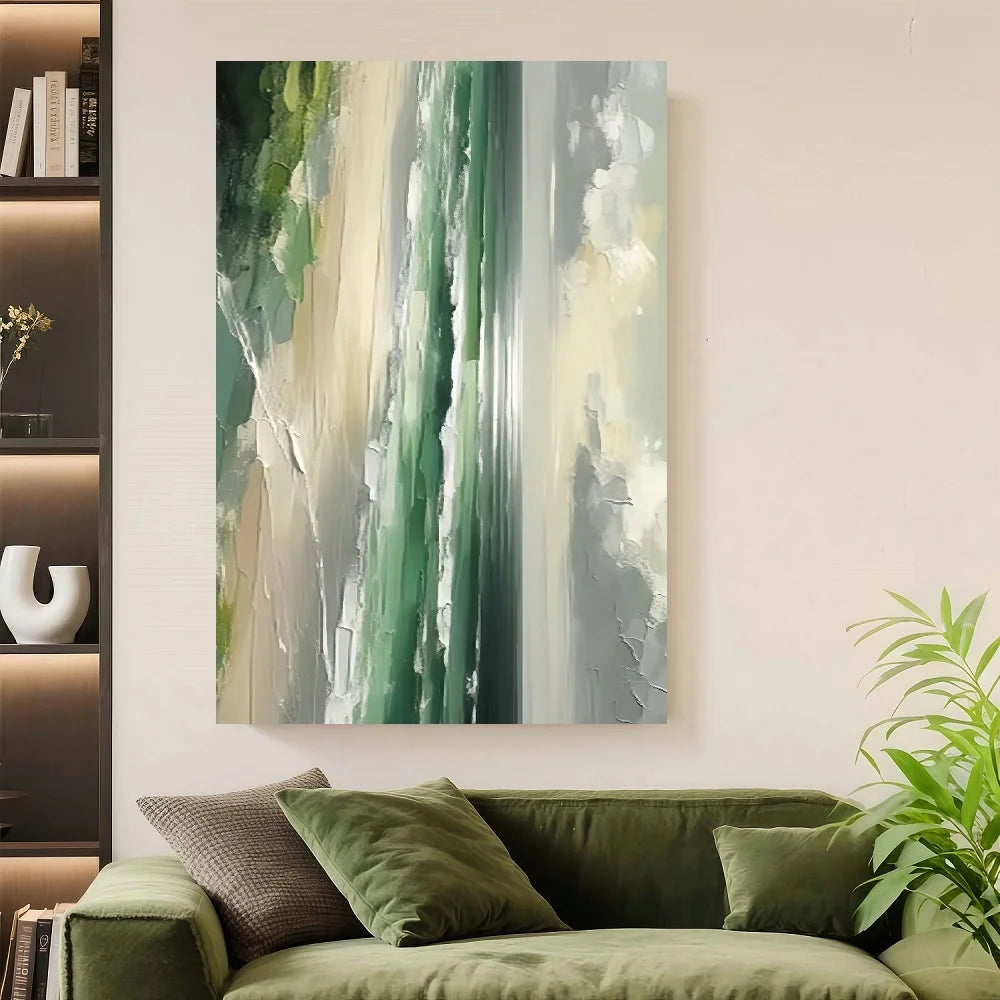 Framed Large Green Abstract Coastal Landscape Hand-Painted Oil On Canvas - Modern Minimalist Green & Blue Seascape Wall Art With