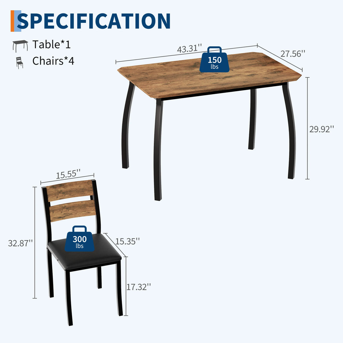 Square Dining Table Set for 4,5-Piece Kitchen Table Set,Farmhouse Compact Kitchen Table with 4 Upholstered Chairs & Metal Frame, Perfect for Small Spaces, Kitchens & Dining Rooms