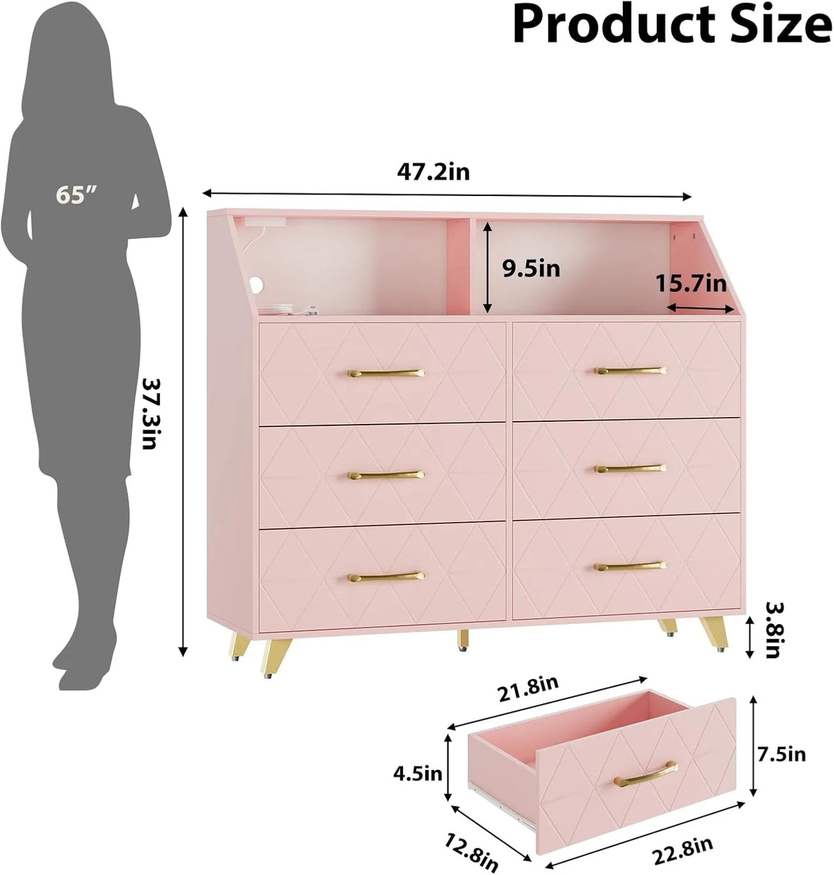 Modern 6 Drawer Dresser with LED Lights Charging Station Pink Wood Storage Cabinet Bedroom Chest of Drawers with Metal Legs Entryway Organizer