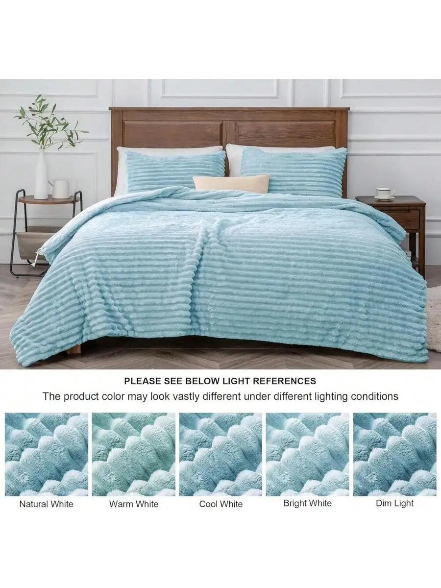 Fleece Comforter Set Super Soft Warm Fluffy Light Grey Bedding With 1 Pillowcase