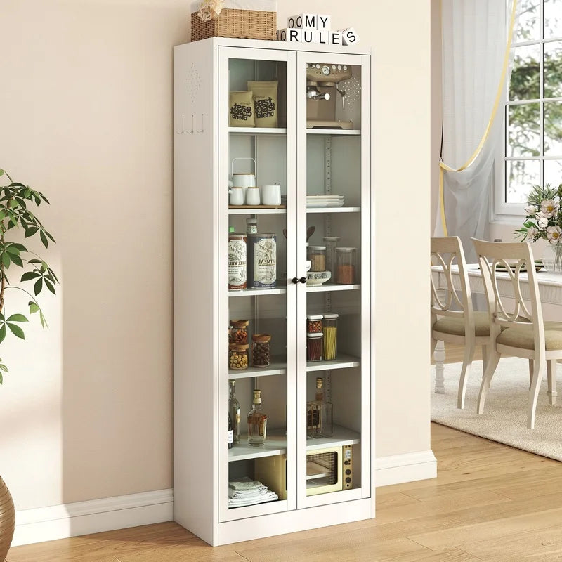 White 72" Freestanding Kitchen Pantry Cabinet with 5 Adjustable Shelves