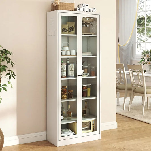 White 72" Freestanding Kitchen Pantry Cabinet with 5 Adjustable Shelves