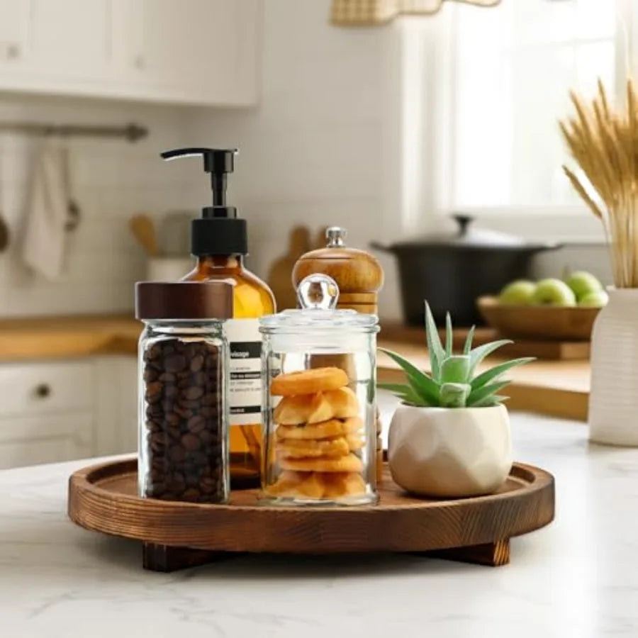 Round Decorative Wooden Tray for Bathroom Sink Kitchen Counter Decor Trays Small Wood Riser Pedestal Stand Dining Coffee Table