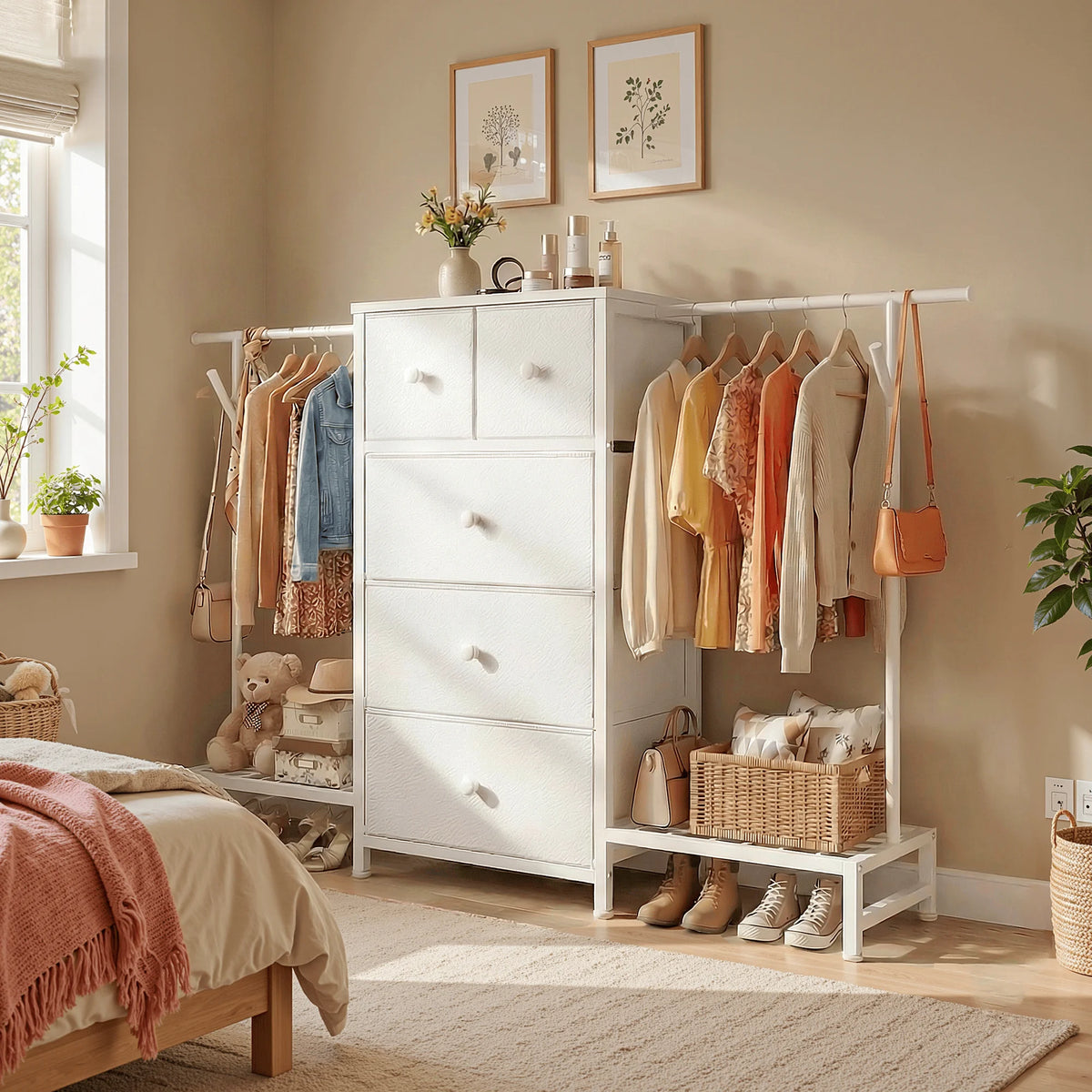 3-in-1 Dresser & Hanging Rack – 57.8" Wide with 5 Drawers & Shoe Rack, Side Hooks for Bedroom Storage and Walk-in closet